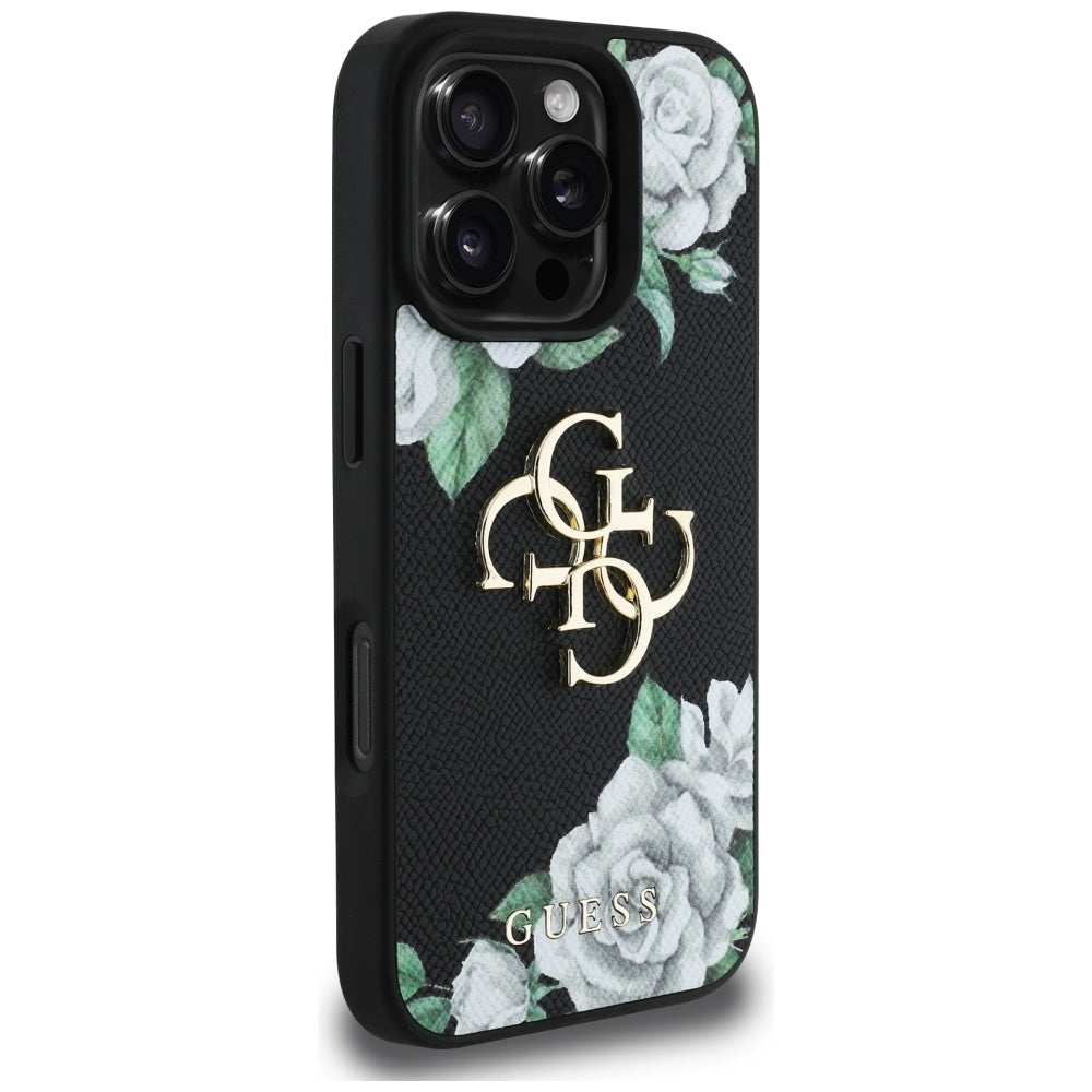 Skyddsfodral för Apple iPhone 16 Pro Max, Guess, 4G Grained Roses Big Logo, Svart