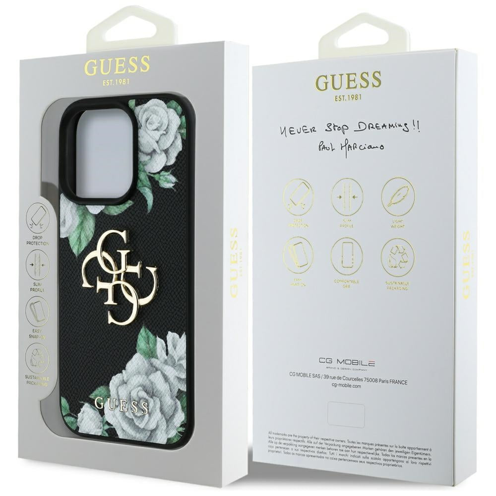 Skyddsfodral för Apple iPhone 16 Pro Max, Guess, 4G Grained Roses Big Logo, Svart