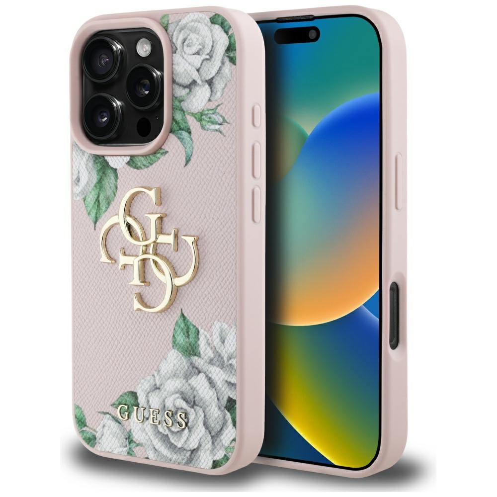 Skyddsfodral för Apple iPhone 16 Pro Max, Guess, 4G Grained Roses Big Logo, Rosa