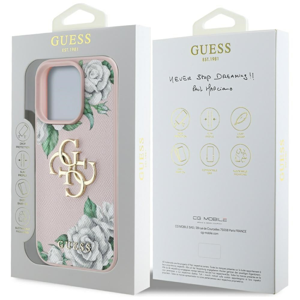 Skyddsfodral för Apple iPhone 16 Pro Max, Guess, 4G Grained Roses Big Logo, Rosa