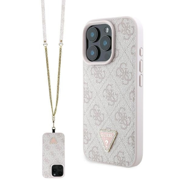 Fodral för Apple iPhone 16 Pro Max, Guess, Crossbody 4G Triangle Strass, Rosa