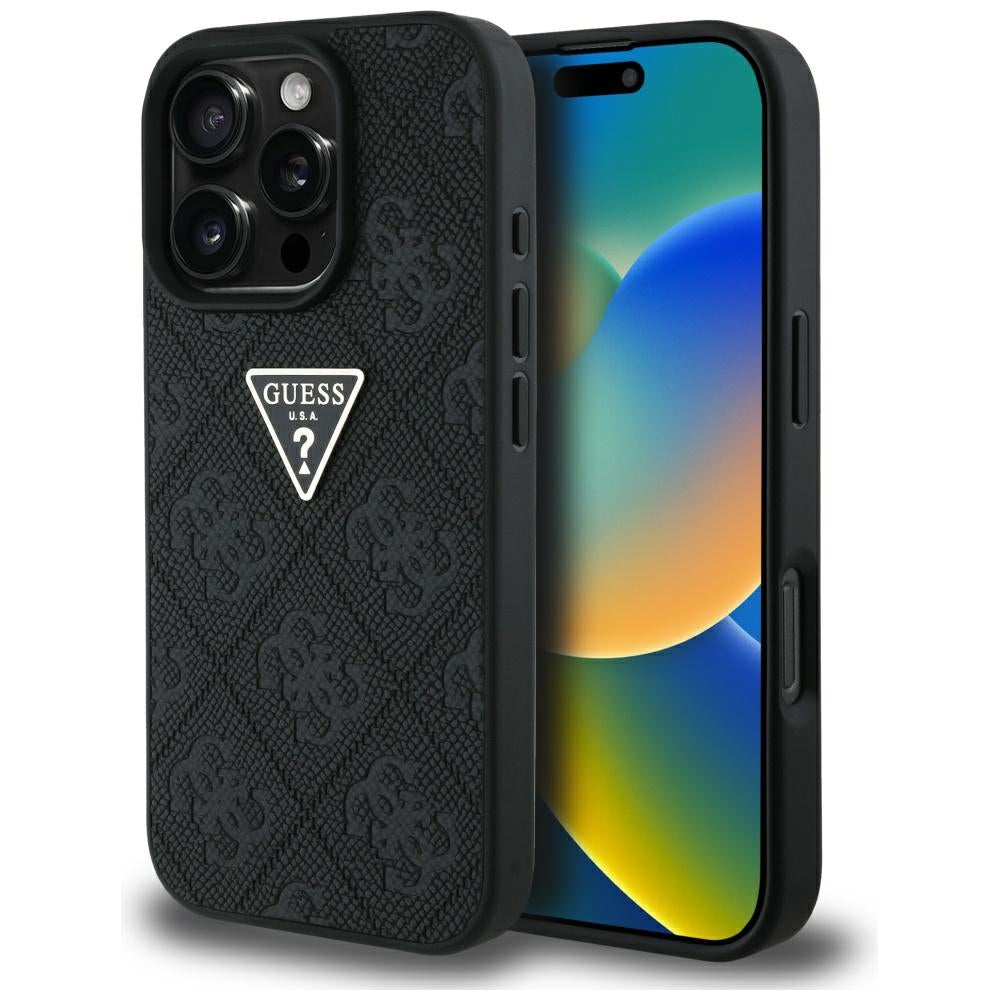 Fodral för Apple iPhone 16 Pro Max, Guess, Hot Stamp 4G Pattern Triangle Logo, Svart