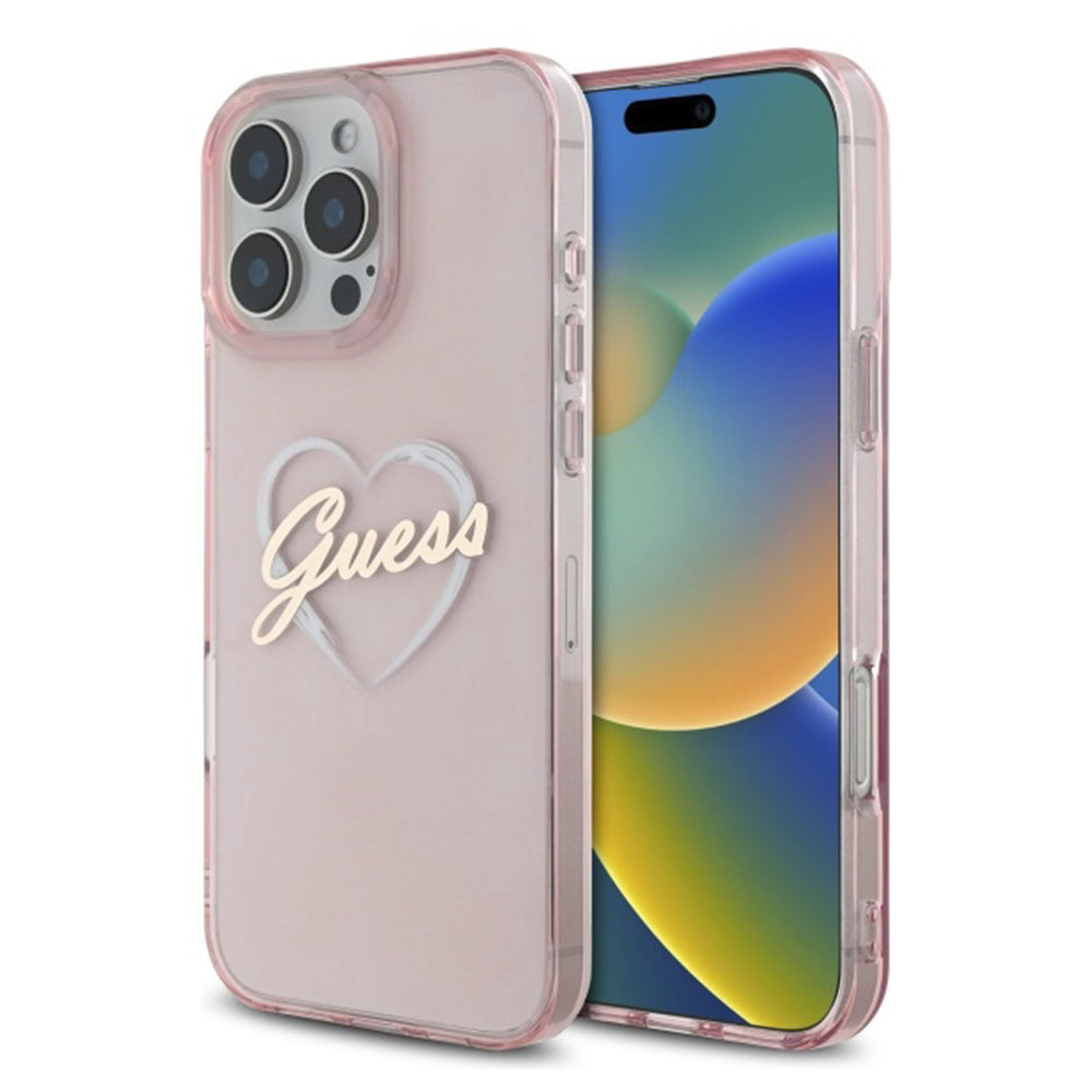 Skyddsfodral för Apple iPhone 16 Pro Max, Guess, IML Heart, Rosa
