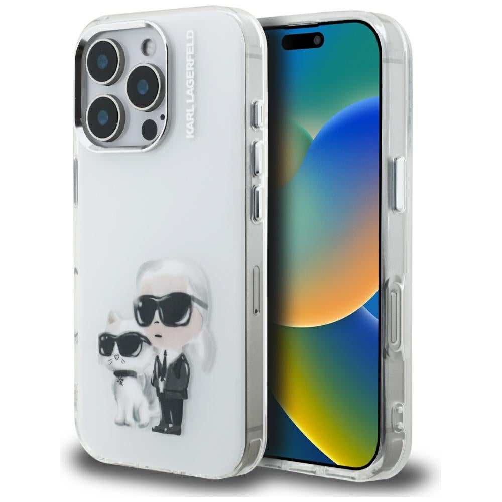 Skyddsfodral för Apple iPhone 16 Pro Max, Karl Lagerfeld, IML Aquarelle Logo Karl & Choupette, Vit