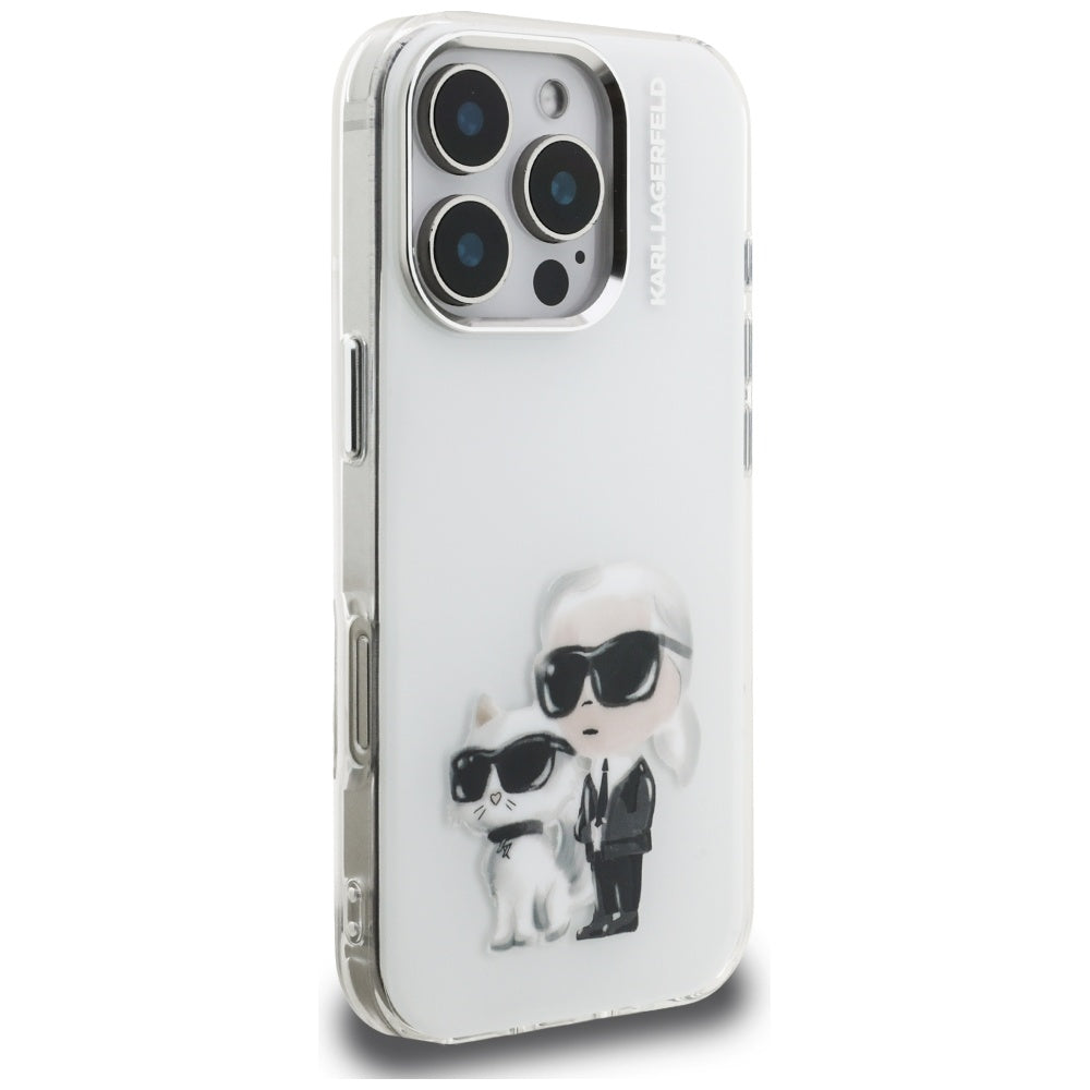 Skyddsfodral för Apple iPhone 16 Pro Max, Karl Lagerfeld, IML Aquarelle Logo Karl & Choupette, Vit