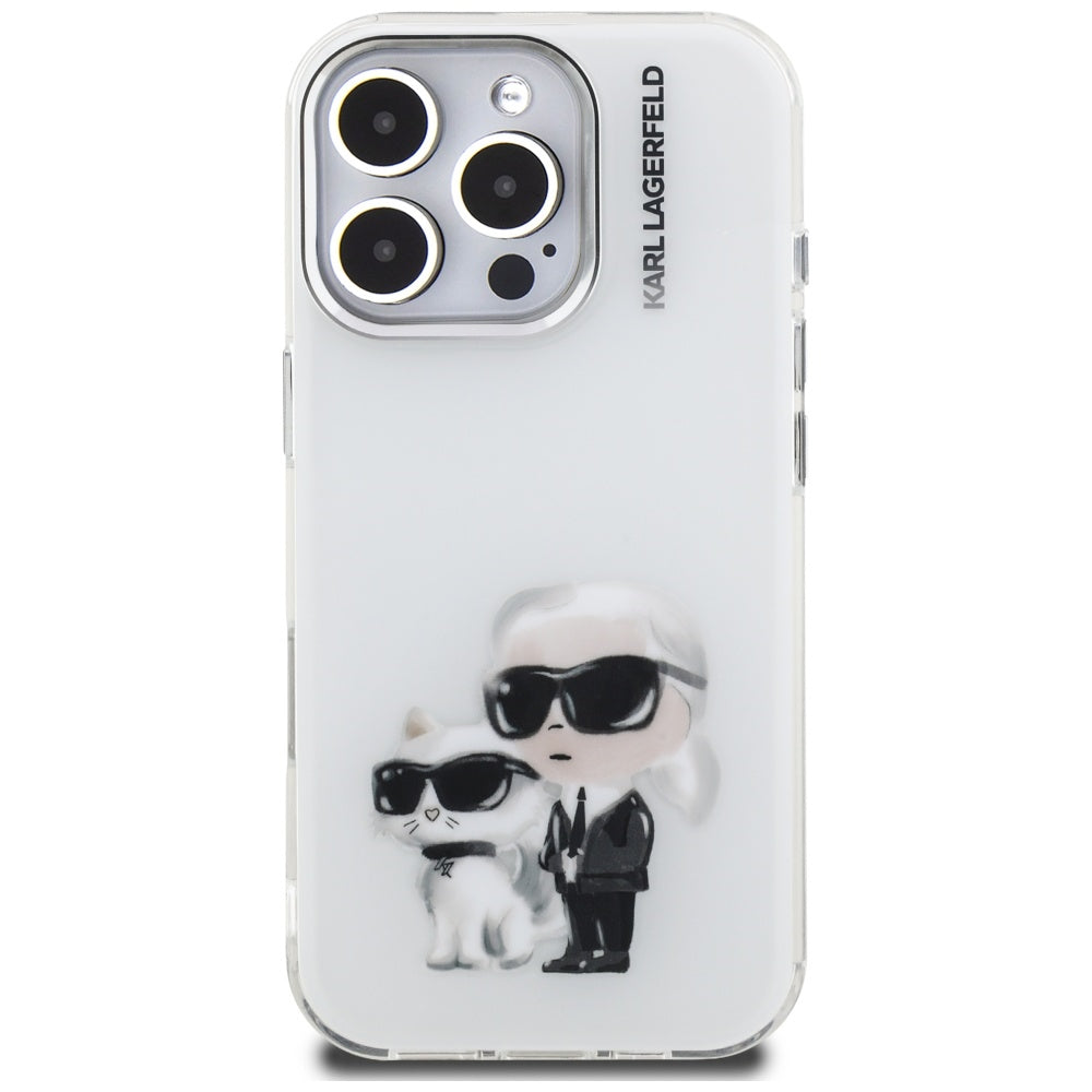 Skyddsfodral för Apple iPhone 16 Pro Max, Karl Lagerfeld, IML Aquarelle Logo Karl & Choupette, Vit