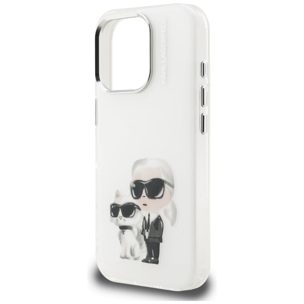 Skyddsfodral för Apple iPhone 16 Pro Max, Karl Lagerfeld, IML Aquarelle Logo Karl & Choupette, Vit