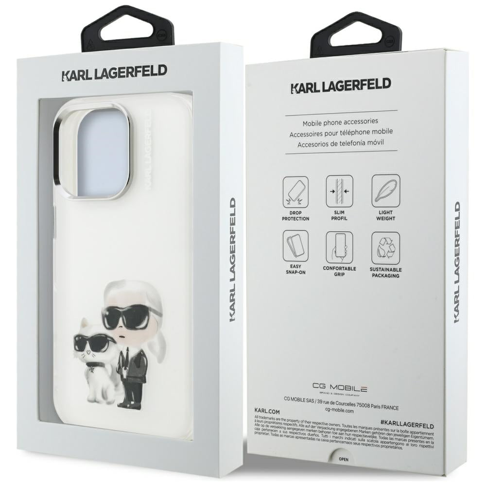 Skyddsfodral för Apple iPhone 16 Pro Max, Karl Lagerfeld, IML Aquarelle Logo Karl & Choupette, Vit