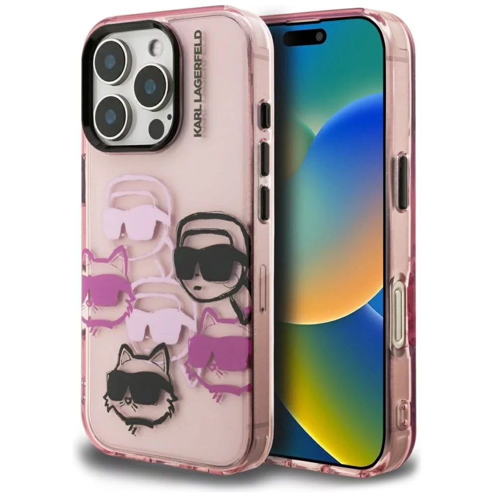 Fodral för Apple iPhone 16 Pro Max, Karl Lagerfeld, IML Luxury Multi Head Pattern, Rosa