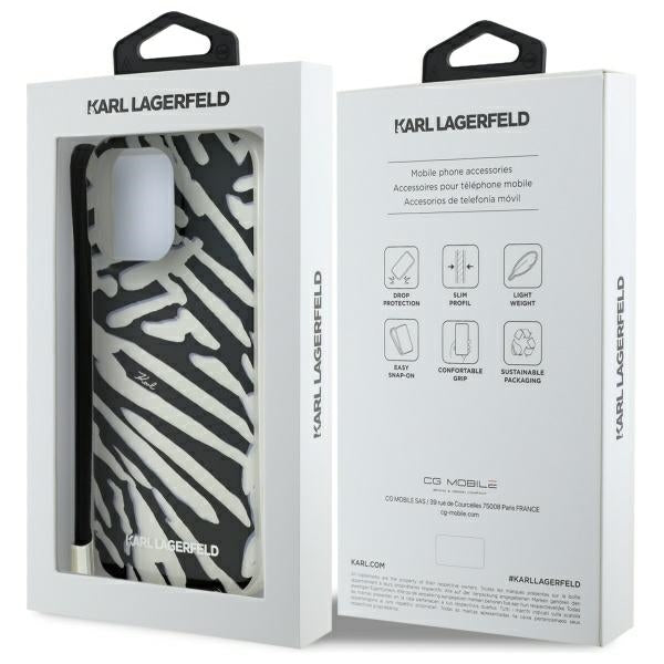 Fodral för Apple iPhone 16 Pro Max, Karl Lagerfeld, IML Luxury Zebra Pattern with Strap, Svart