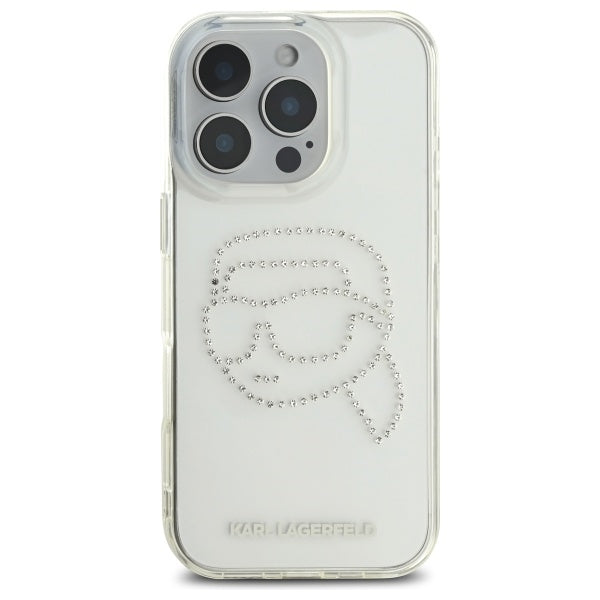 Skyddsfodral för Apple iPhone 16 Pro Max, Karl Lagerfeld, IML Rhinestones Karl's Head, Transparent