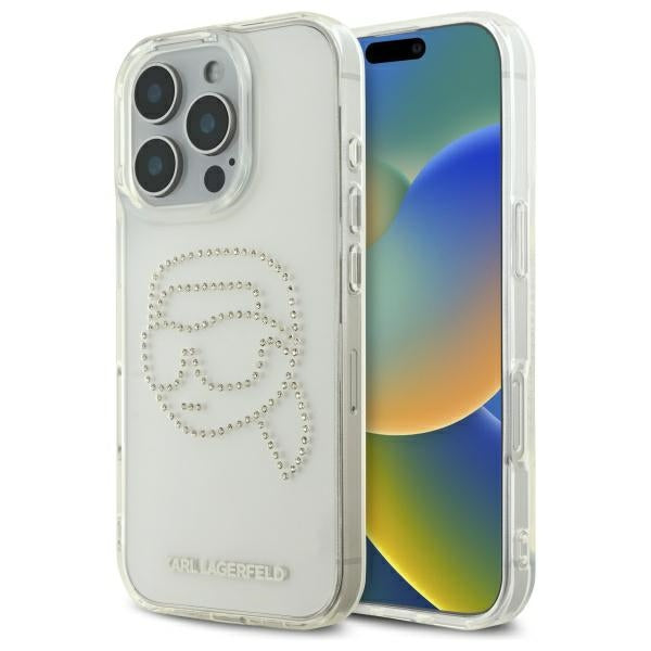 Skyddsfodral för Apple iPhone 16 Pro Max, Karl Lagerfeld, IML Rhinestones Karl's Head, Transparent