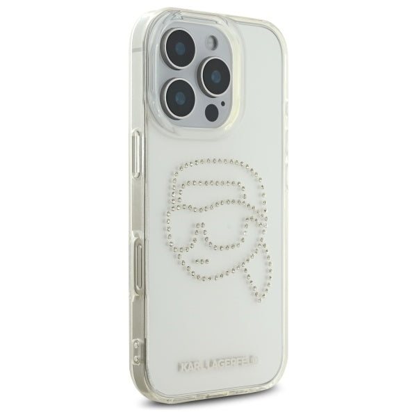 Skyddsfodral för Apple iPhone 16 Pro Max, Karl Lagerfeld, IML Rhinestones Karl's Head, Transparent