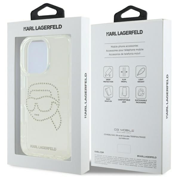 Skyddsfodral för Apple iPhone 16 Pro Max, Karl Lagerfeld, IML Rhinestones Karl's Head, Transparent