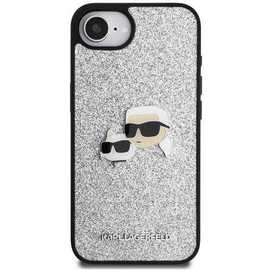 Fodral för Apple iPhone 16e, Karl Lagerfeld, Glitter Fixed Karl & Choupette's Heads, Silver