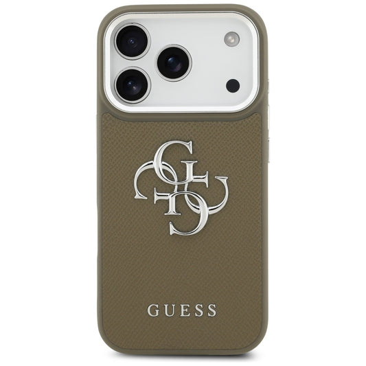 Skyddsfodral för Apple iPhone 17 Pro, Guess, 4G Grained Big And Classic Logo, Brun Silver