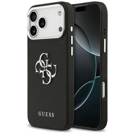 Skyddsfodral för Apple iPhone 17 Pro, Guess, 4G Grained Big and Classic Logo, Svart Silver