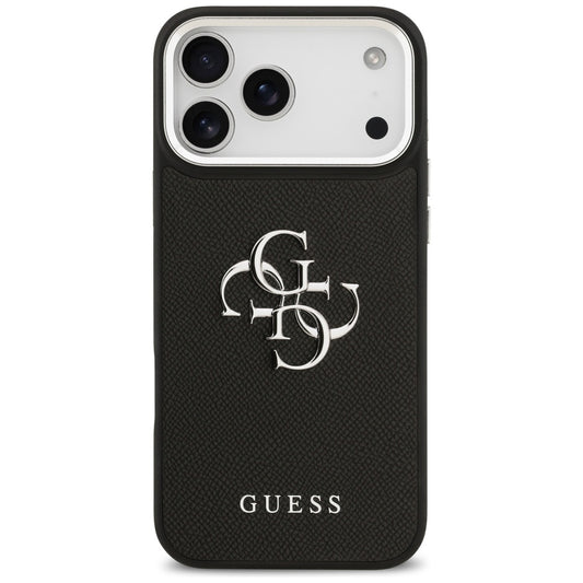 Skyddsfodral för Apple iPhone 17 Pro, Guess, 4G Grained Big and Classic Logo, Svart Silver