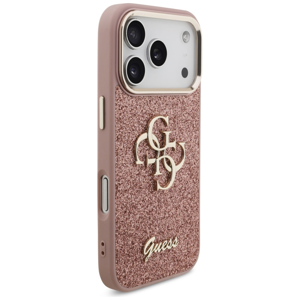 Case for Apple iPhone 17 Pro, Guess, Fixed Glitter Big 4G Metal Frame, Pink