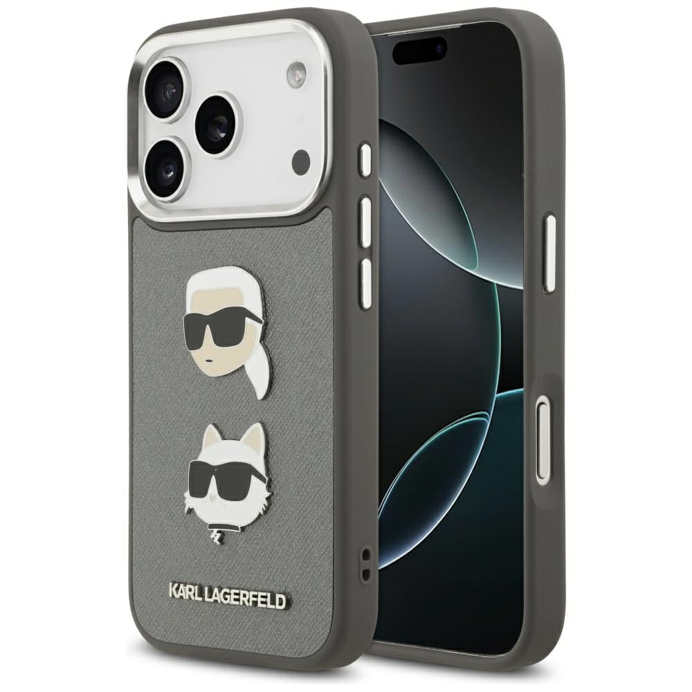 Skyddsfodral för Apple iPhone 17 Pro, Karl Lagerfeld, Grained Karl & Choupette's Heads Pins and Logo, Grå