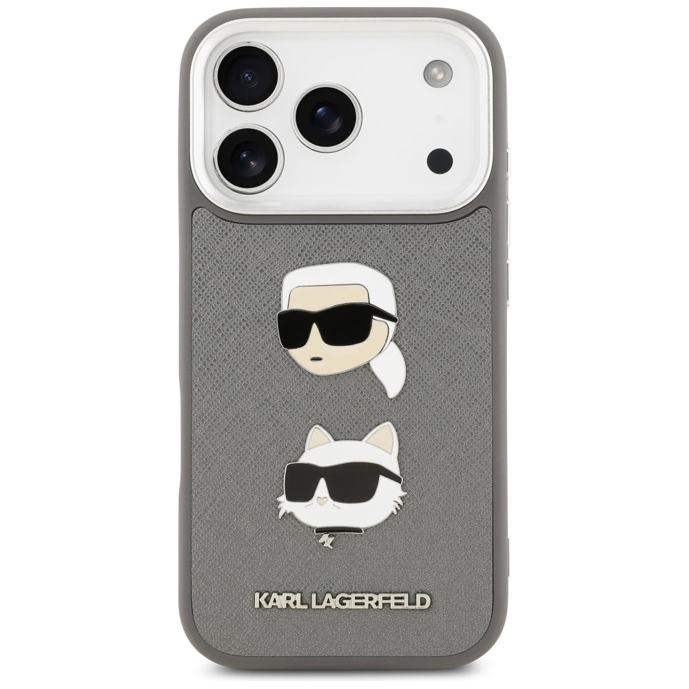 Skyddsfodral för Apple iPhone 17 Pro, Karl Lagerfeld, Grained Karl & Choupette's Heads Pins and Logo, Grå