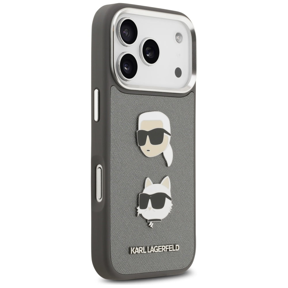 Skyddsfodral för Apple iPhone 17 Pro, Karl Lagerfeld, Grained Karl & Choupette's Heads Pins and Logo, Grå