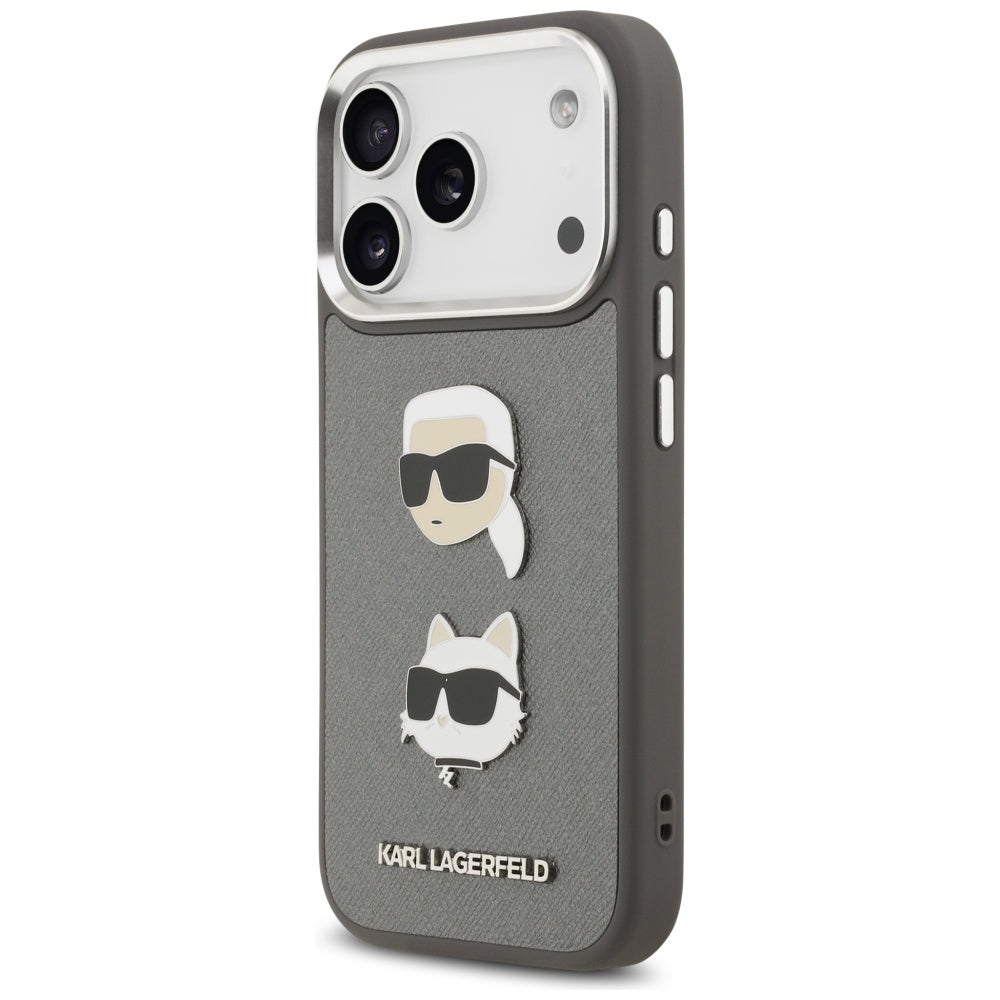 Skyddsfodral för Apple iPhone 17 Pro, Karl Lagerfeld, Grained Karl & Choupette's Heads Pins and Logo, Grå