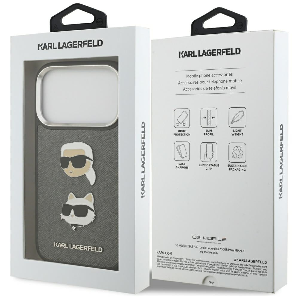 Skyddsfodral för Apple iPhone 17 Pro, Karl Lagerfeld, Grained Karl & Choupette's Heads Pins and Logo, Grå