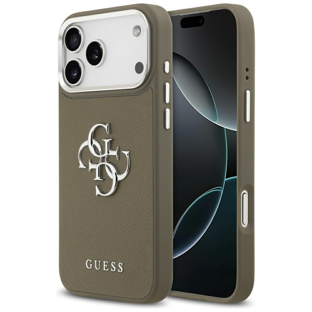 Fodral för Apple iPhone 17 Pro Max, Guess, 4G Grained Big And Classic Logo, Brun Silver