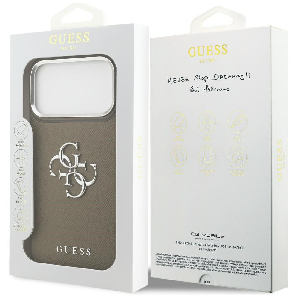 Fodral för Apple iPhone 17 Pro Max, Guess, 4G Grained Big And Classic Logo, Brun Silver