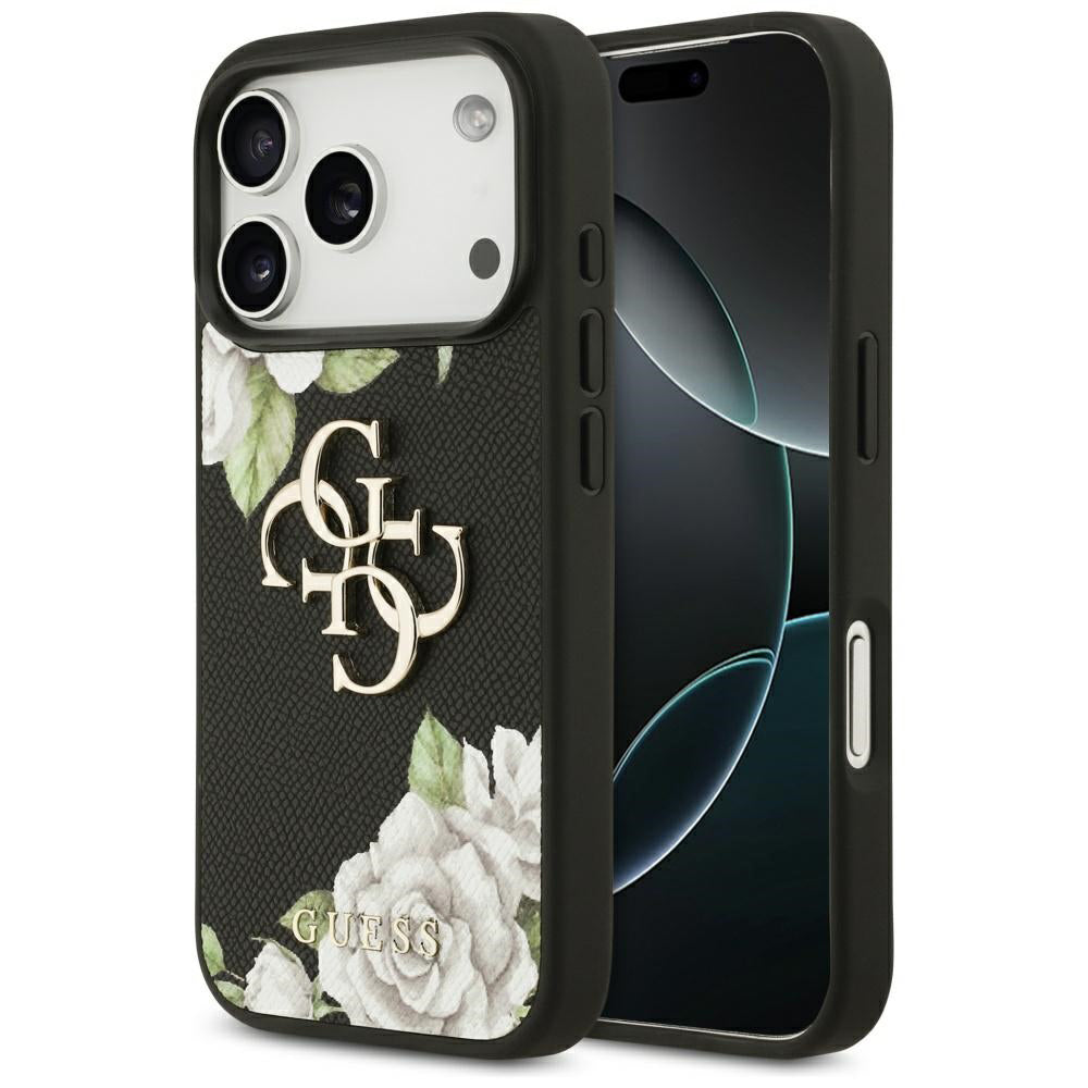 Skyddsfodral för Apple iPhone 17 Pro Max, Guess, 4G Grained Roses Big Logo, Svart