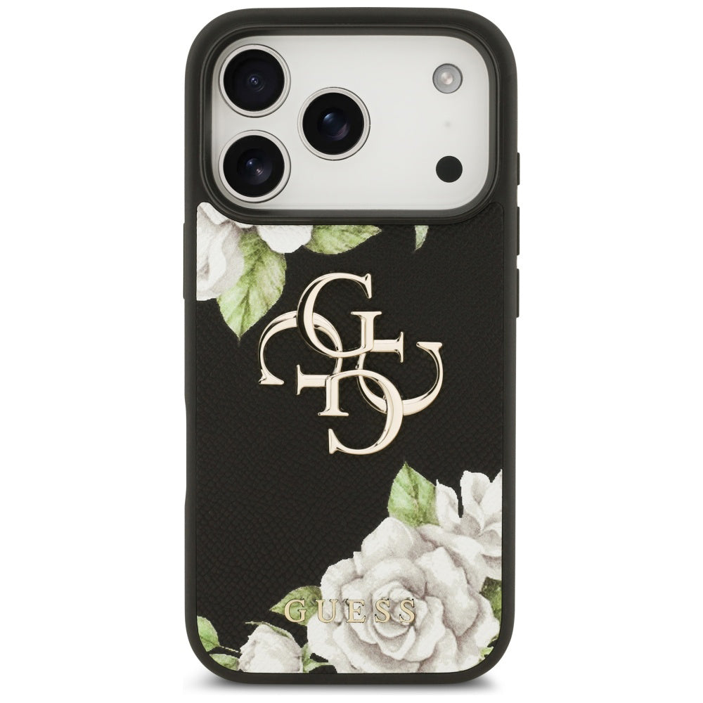 Skyddsfodral för Apple iPhone 17 Pro Max, Guess, 4G Grained Roses Big Logo, Svart