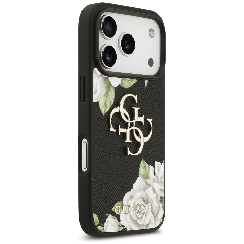 Skyddsfodral för Apple iPhone 17 Pro Max, Guess, 4G Grained Roses Big Logo, Svart