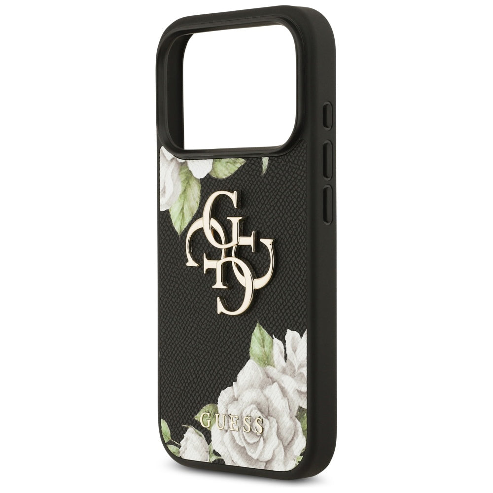 Skyddsfodral för Apple iPhone 17 Pro Max, Guess, 4G Grained Roses Big Logo, Svart