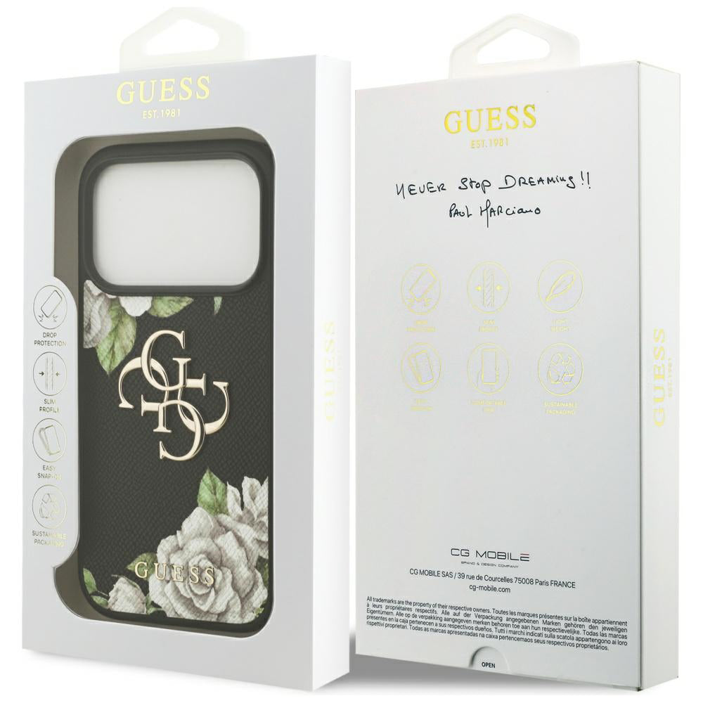 Skyddsfodral för Apple iPhone 17 Pro Max, Guess, 4G Grained Roses Big Logo, Svart