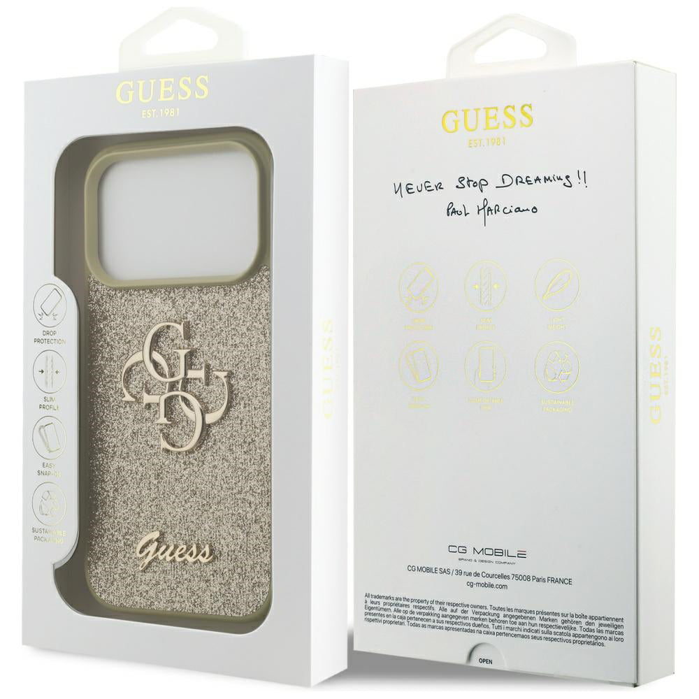 Skyddsfodral för Apple iPhone 17 Pro Max, Guess, Fixed Glitter Big 4G, Guld
