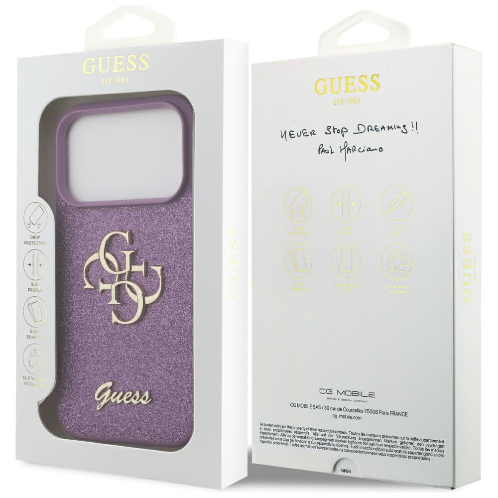 Skyddsfodral för Apple iPhone 17 Pro Max, Guess, Fixed Glitter Big 4G, Lila