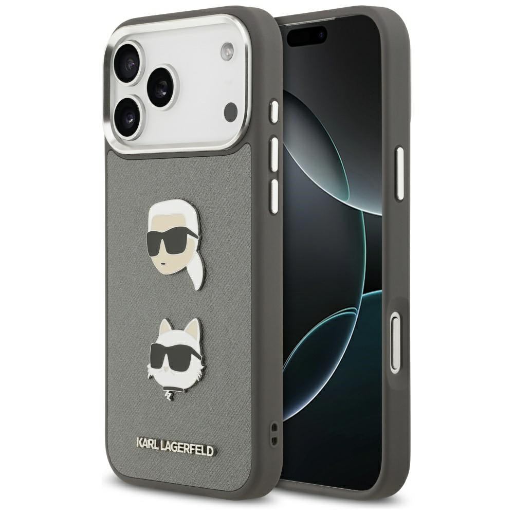 Skyddsfodral för Apple iPhone 17 Pro Max, Karl Lagerfeld, Grained Karl & Choupette's Heads Pins and Logo, Grå