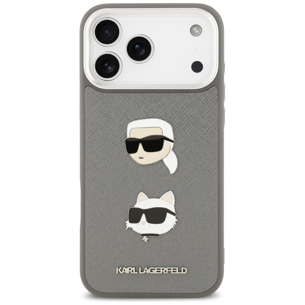 Skyddsfodral för Apple iPhone 17 Pro Max, Karl Lagerfeld, Grained Karl & Choupette's Heads Pins and Logo, Grå