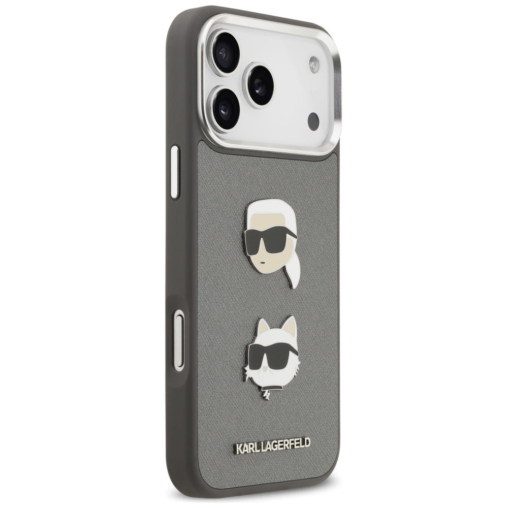 Skyddsfodral för Apple iPhone 17 Pro Max, Karl Lagerfeld, Grained Karl & Choupette's Heads Pins and Logo, Grå