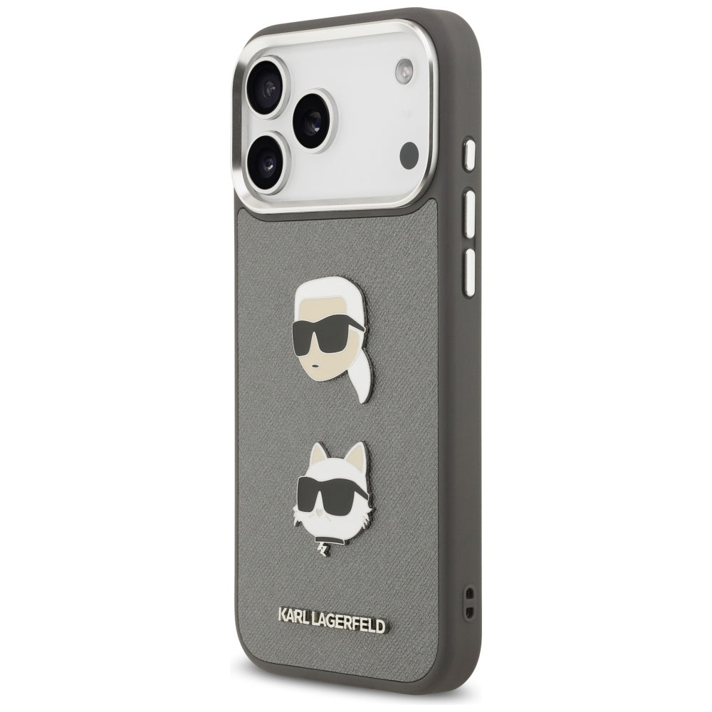 Skyddsfodral för Apple iPhone 17 Pro Max, Karl Lagerfeld, Grained Karl & Choupette's Heads Pins and Logo, Grå
