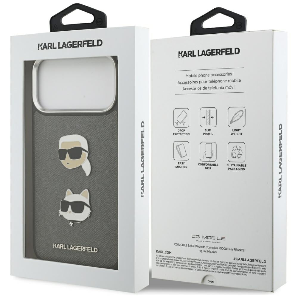 Skyddsfodral för Apple iPhone 17 Pro Max, Karl Lagerfeld, Grained Karl & Choupette's Heads Pins and Logo, Grå