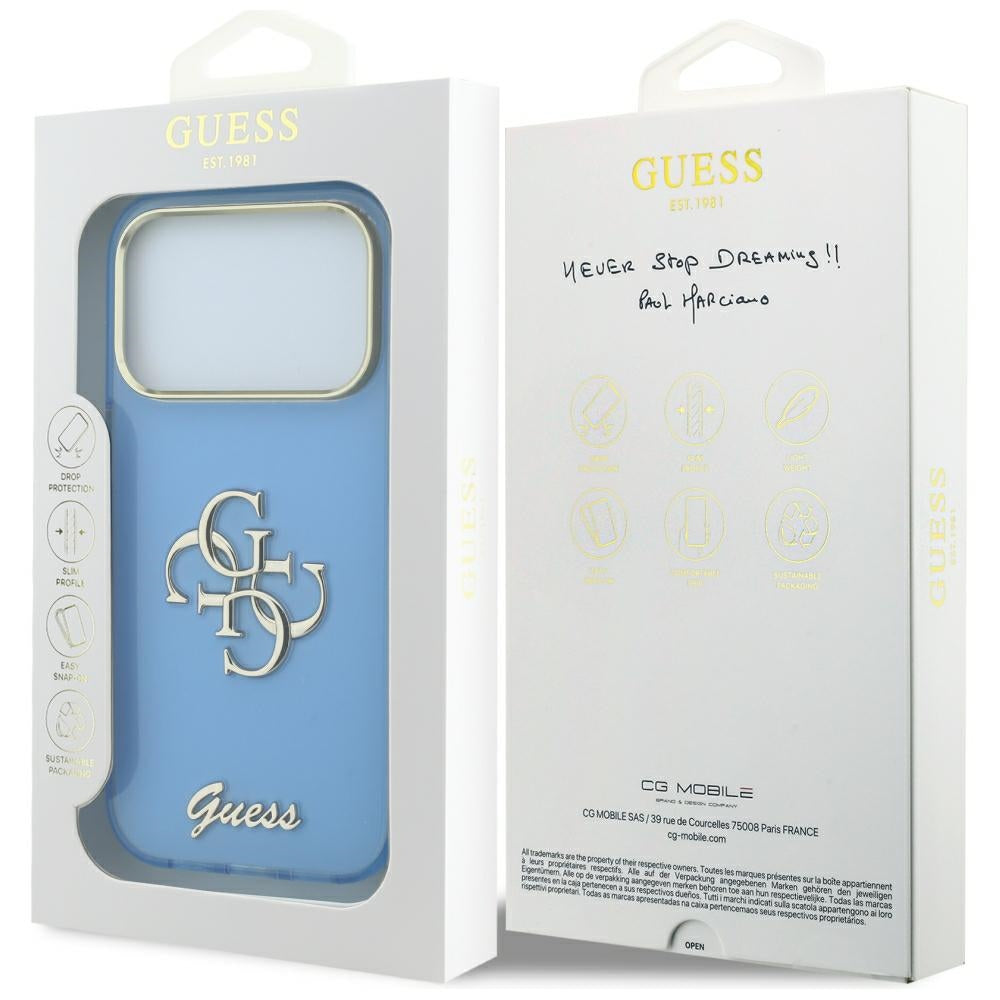 Fodral för Apple iPhone 18 Pro / 17 Pro, Guess, IML 4G Metal Script, Bleu