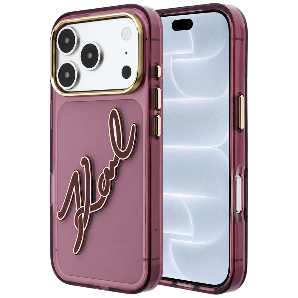Fodral för Apple iPhone 18 Pro / 17 Pro, Karl Lagerfeld, IML Big Signature Resin Logo och Metallram, Vinröd