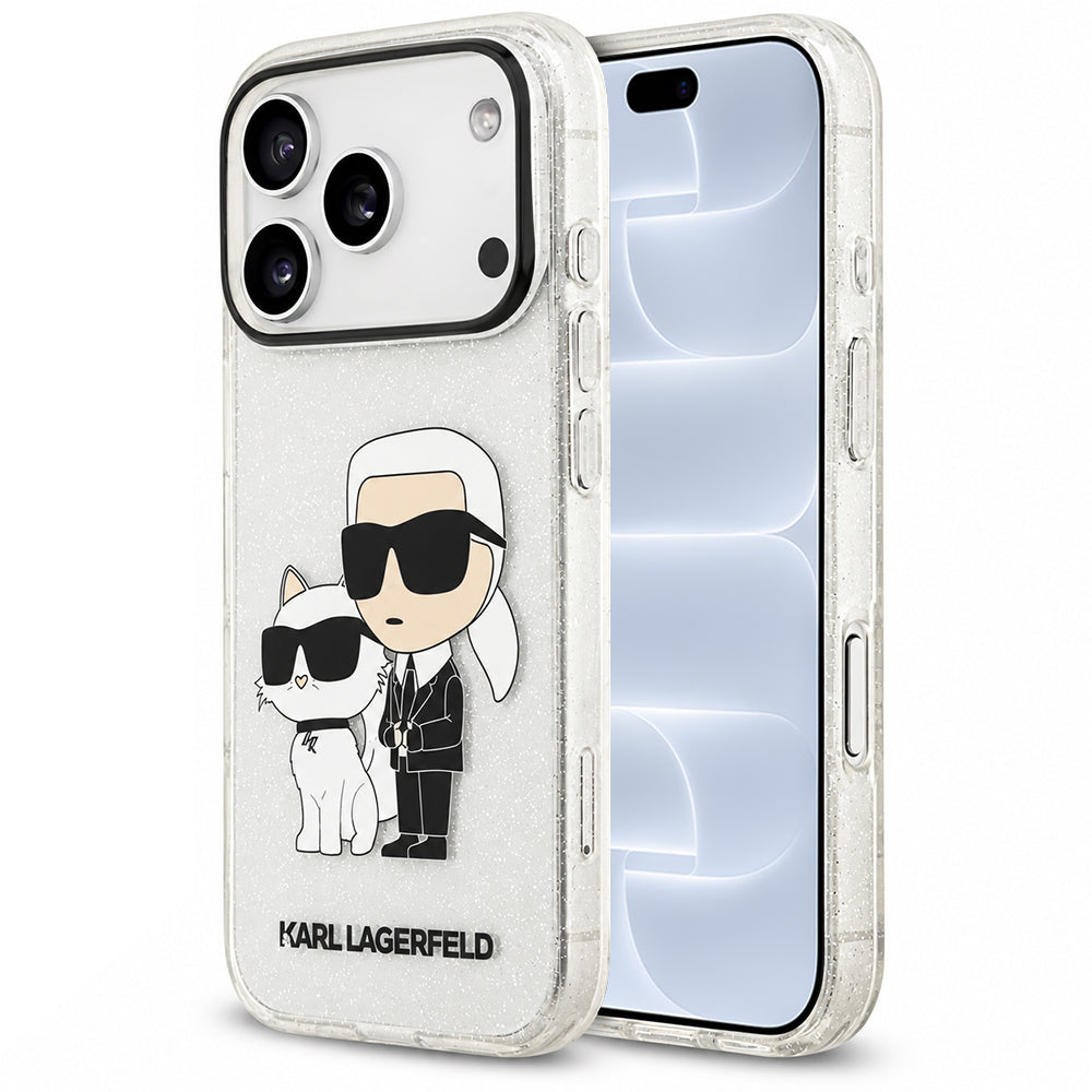 Skal till Apple iPhone 18 Pro / 17 Pro, Karl Lagerfeld, IML Glitter Karl and Choupette NFT, transparent