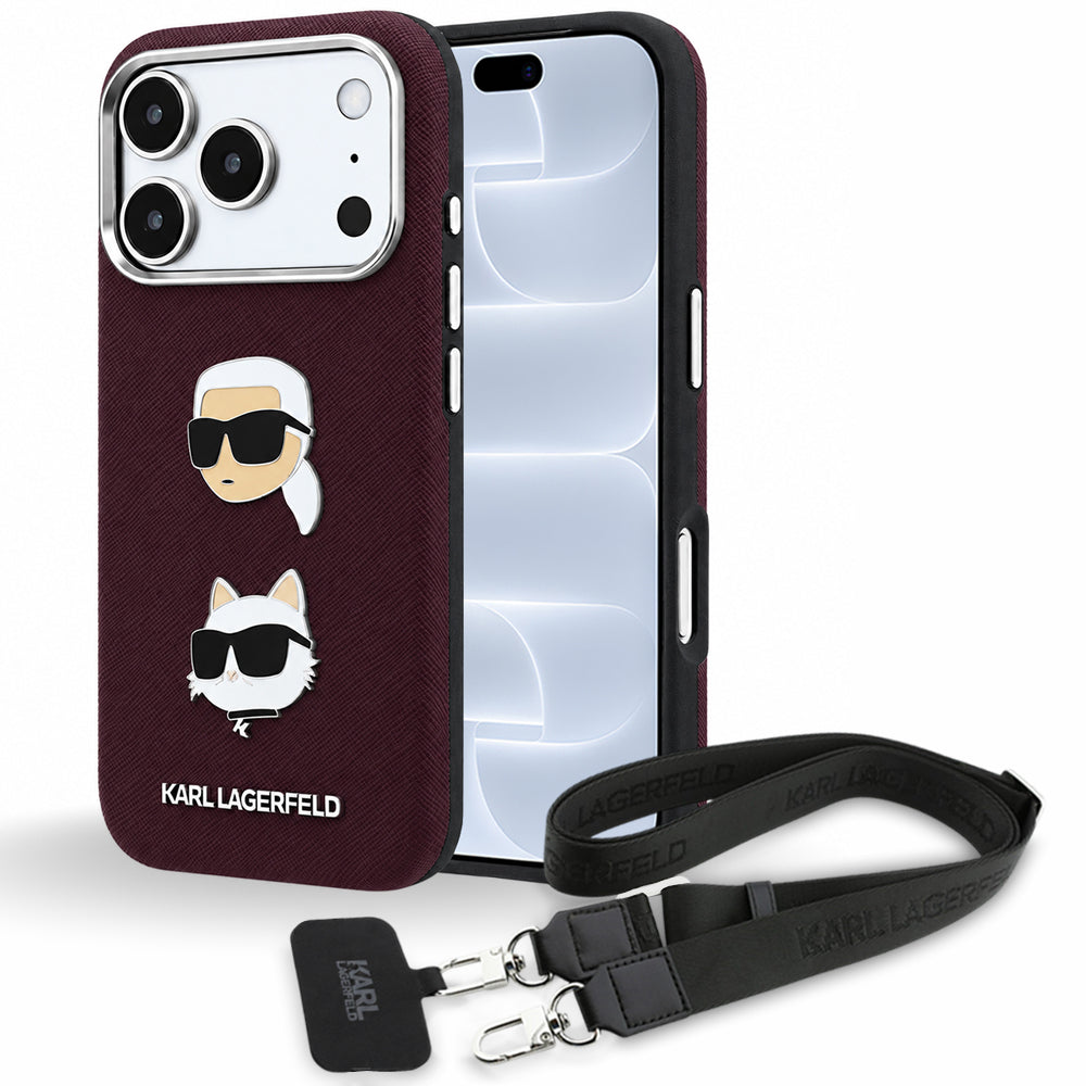 Fodral för Apple iPhone 18 Pro / 17 Pro, Karl Lagerfeld, Saffiano Crossbody Karl & Choupette Head's Pins Logo, vinrött