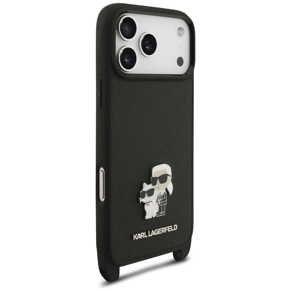 Skal till Apple iPhone 18 Pro / 17 Pro, Karl Lagerfeld, Saffiano Crossbody Metal Pin Karl & Choupette, svart
