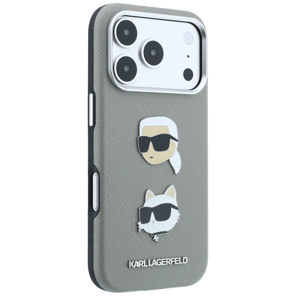 Fodral för Apple iPhone 18 Pro / 17 Pro, Karl Lagerfeld, Saffiano med Karl & Choupette Head's Pin and Logo, grå