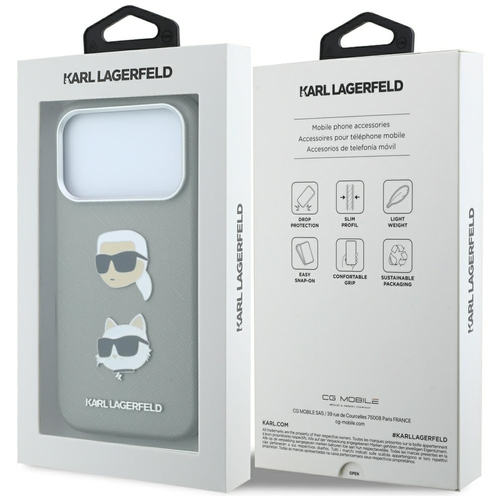 Fodral för Apple iPhone 18 Pro / 17 Pro, Karl Lagerfeld, Saffiano med Karl & Choupette Head's Pin and Logo, grå