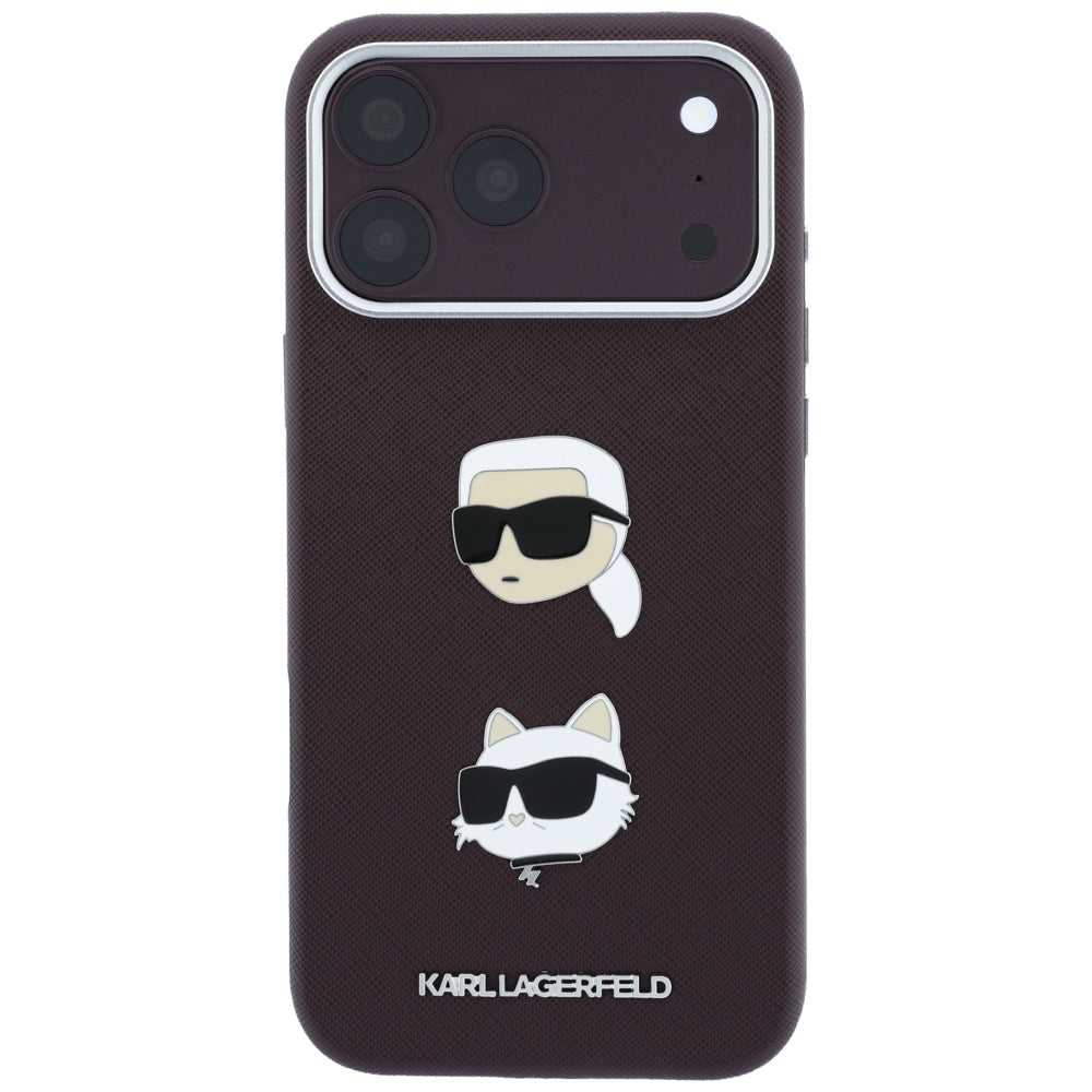 Fodral för Apple iPhone 18 Pro / 17 Pro, Karl Lagerfeld, Saffiano med Karl & Choupette-huvudnål och logotyp, Vinröd